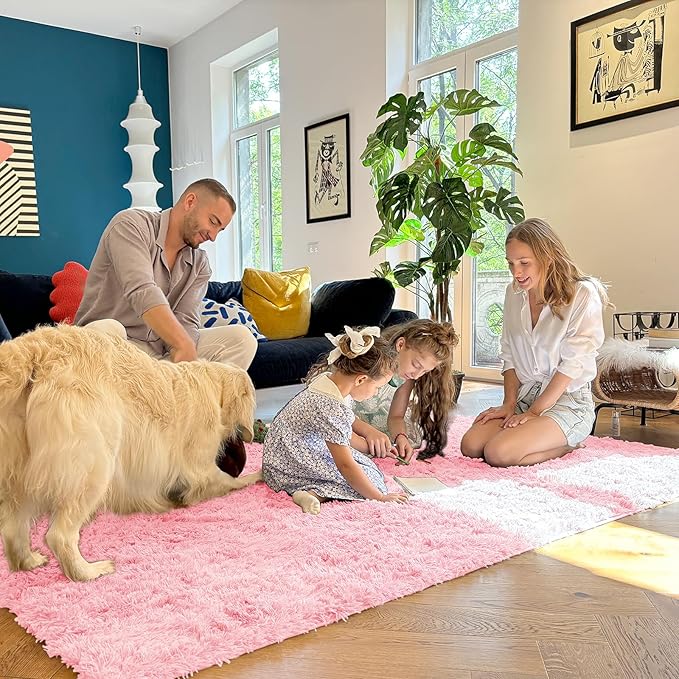OLANLY Area Rugs for Living Room Bedroom, Machine Washable 4x5.9 ft Soft Fluffy Shaggy Bedside Rug, Indoor Floor Carpet for Kids Girls and Boys, Dorms, Nursery Rooms, Home Decor Aesthetic, Pink