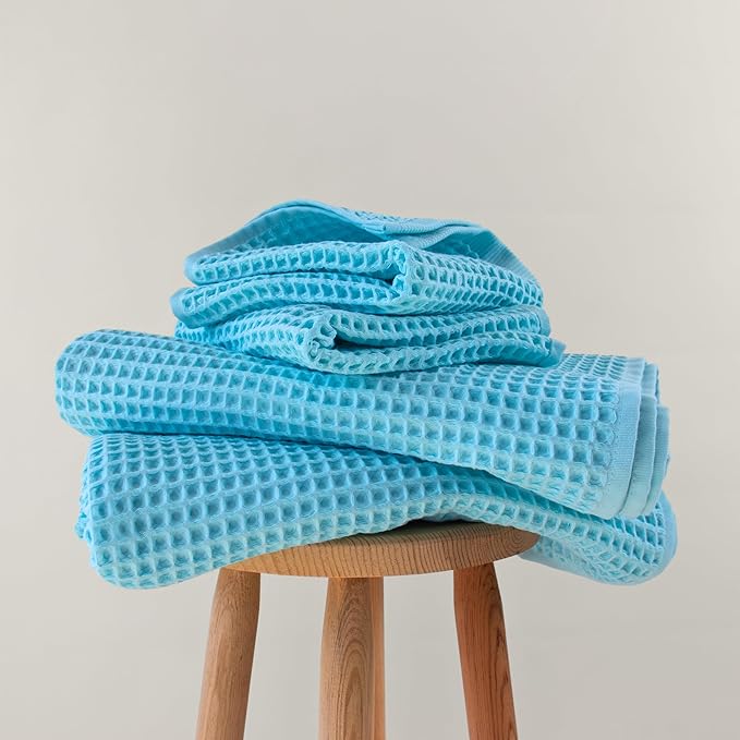 Püskül - Luxury Waffle Towel Set for Bathroom 4 Pieces Turquoise Blue, Premium Quality Organic 100% Turkish Cotton 2 Hand and 2 Bath Towels, Quick Dry Thin Waffle Towels, Made in Turkiye (Turquoise)
