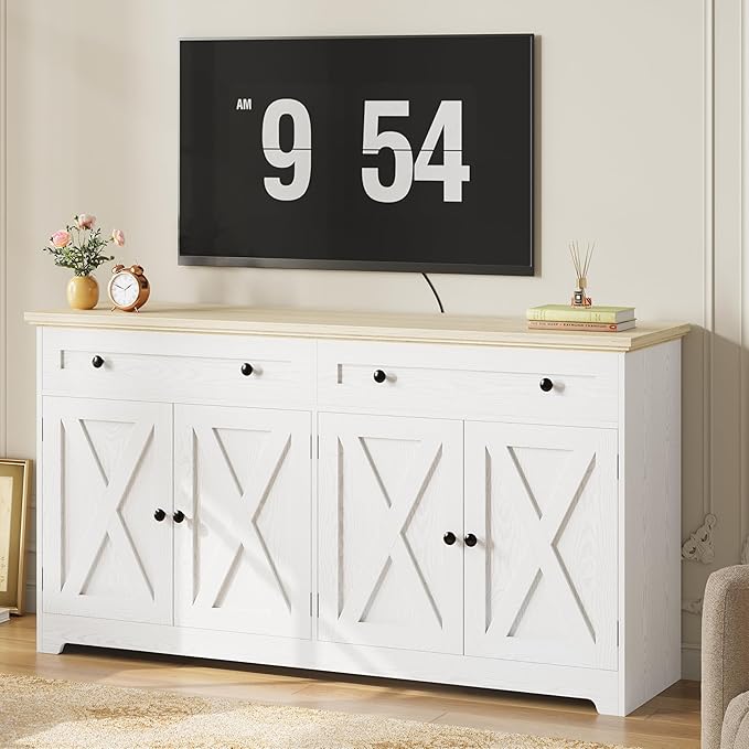 IRONCK Buffet Cabinet with Storage, Sideboard Storage Cabinet, Kitchen Cabinet with Drawers and Doors, Natural Wood