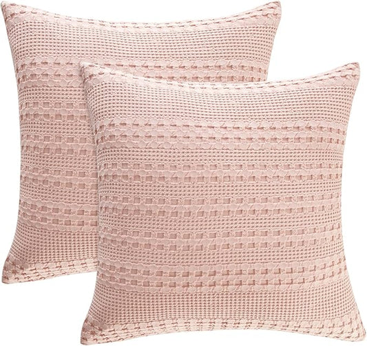 PHF 100% Cotton Waffle Weave Pillow Covers 24" x 24", 2 Pack Luxury Square Shell for Elegant Home Decor, No Filling, Luxury Aesthetic Soft Pillow Covers for Bed, Pink