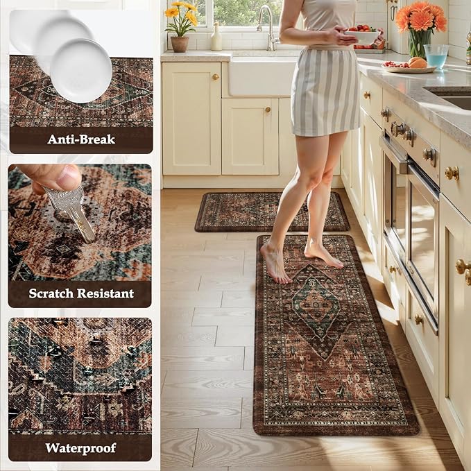 KIMODE Anti Fatigue Kitchen Mats for Floor, Boho Floral Kitchen Rugs Sets of 2, Brick Cushioned Kitchen Floor Mats, Non Slip Standing Desk Mat for Sink Laundry Office Desk 20"x47"+20"x32"