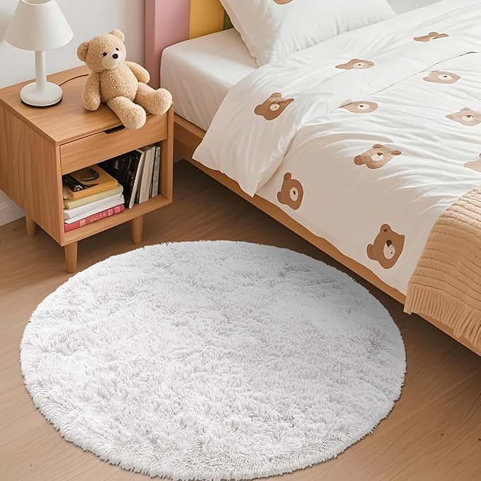 OLANLY White Round Rugs for Bedroom - Machine Washable, 3 ft Circle Area Rugs for Living Room, Soft and Fluffy Shaggy Carpet for Teen Girls and Boys, Nursery Rooms, Dorms, Home Decor Aesthetic