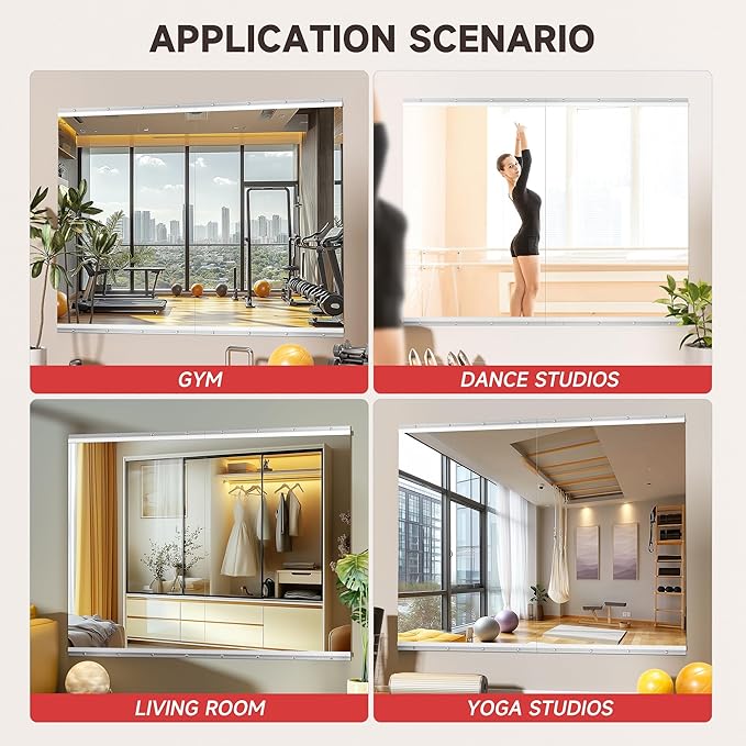 Home Gym Mirror, 48'' x 32'' x 2PCS, Large Full Body Mirror for Yoga, Frameless Tempered Glass, Wall Mounted for Home Gym, Garage, Bedroom, Bathroom