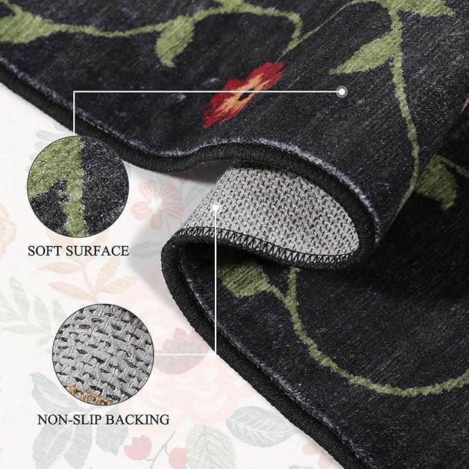 DUKINO 3x10 Runner Rug for Hallway, Washable Kitchen Floral Runner Rug with Non Slip Backing, Low Pile Soft Boho Carpet for Kitchen, Hallway, Entryway, Laundry, Bedroom, Black