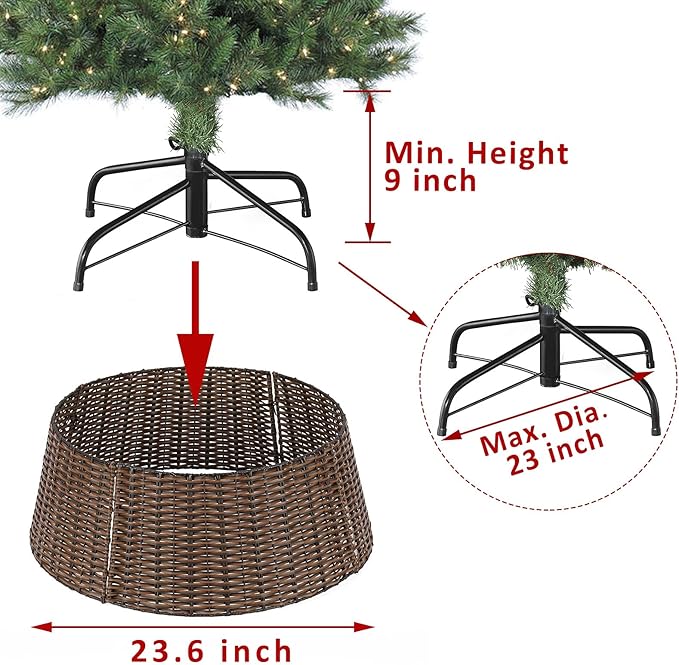 SUNNYPARK Christmas Tree Collar, 23'' D Handmade Artificial Rattan Wicker Christmas Stand Tree Collar Basket Base Cover for Holiday Decoration-Round Brown …