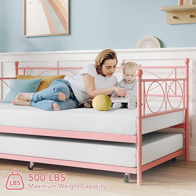 IDEALHOUSE Twin daybed with Trundle, Metal Twin Daybed and Trundle Set, Day Bed Sofa Bed Frame with Steel Slat Support, Multifunctional Daybed Frame for Bedroom (Modern - Pink)