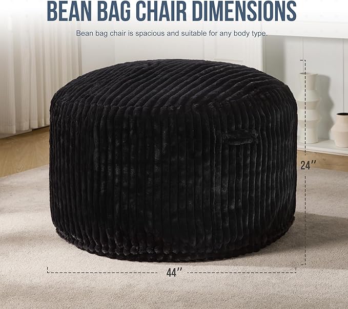 Hobestluk 4ft Bean Bag Chairs for Adults Large Beanbag Chair with Dutch Corded Plush Cover Big Bean Bag Chair for Living Room Bedroom Dorm Office - Black (44" x 44" x 24")