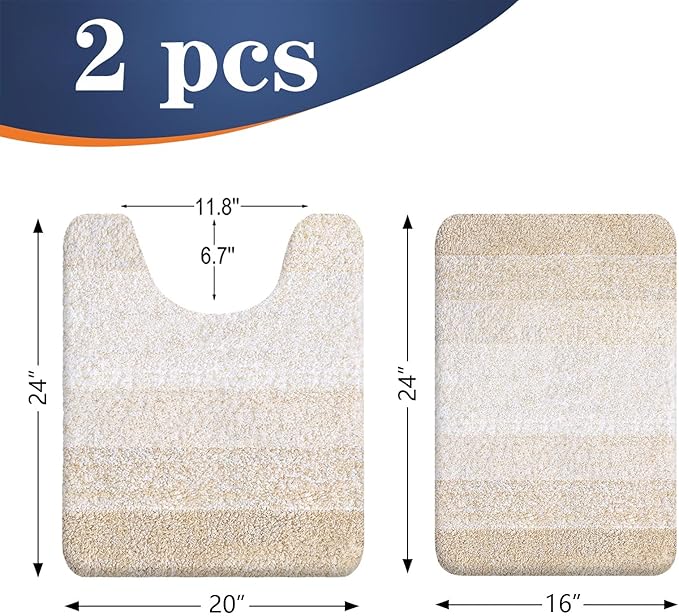 OLANLY Bathroom Rug Set 2 Piece, Soft Absorbent Microfiber Bath Mats and U-Shaped Contour Toilet Rug, Non-Slip, Machine Wash Dry, Plush Shaggy Bath Mats for Bathroom (24"x16"+24"x20", Light Beige)