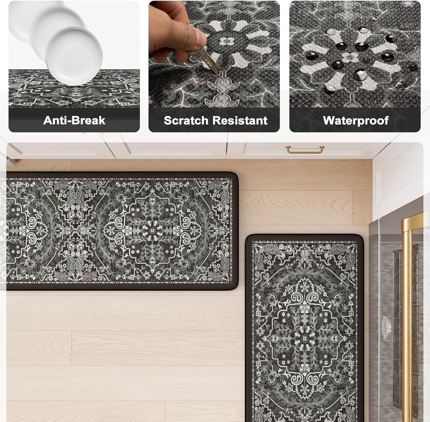 KIMODE Anti Fatigue Kitchen Mat Cushioned, Boho Distressed Kitchen Rugs Sets of 2, Non Slip Memory Foam Kitchen Mat for Floor, Standing Desk Mat for Laundry Office Sink 17.3"x29"+17.3"x59" Black