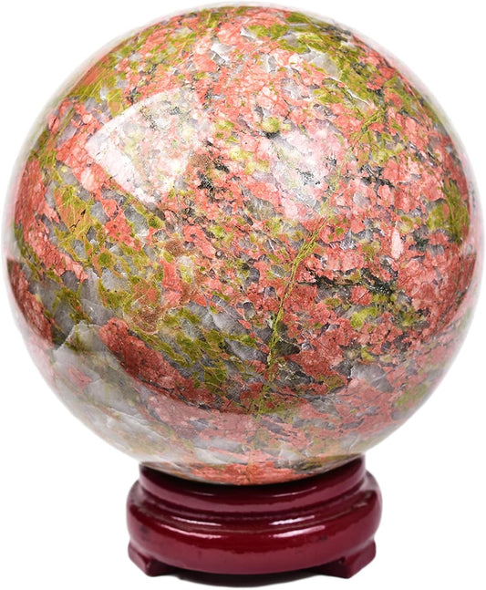 JIC Gem Crystal Sphere Balls Unakite Healing Crystal Ball with Wood Base for Reiki Chakra Decor (100-110mm)