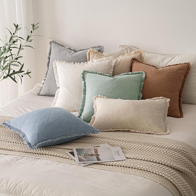 MIULEE Decorative Throw Pillow Covers Neutral Linen Fringe Throw Pillows Set of 2 Light Blue Boho Farmhouse Cushion Covers with Tassels for Couch Sofa Bed Living Room Spring Home Decor 18x18 Inch