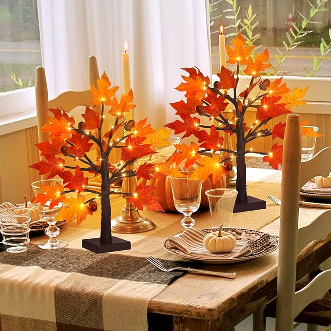 FastDeng 1.5ft Lighted Maple Tree-Artificial Fall Tree Light, Timer 36 LED Warm White Autumn Tabletop Tree Lights Battery Operated for Indoor Fall Harvest Home Decor, Thanksgiving Decorations (2Pack)