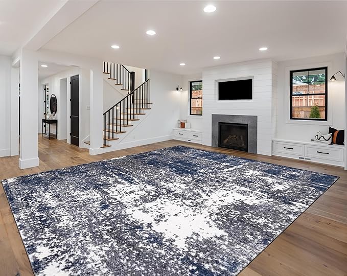 Keen Home Design Area Rugs - 12x15 Non-Shedding, Abstract Rugs for Kitchen, Living Room, Bedroom, Dining Room, Entryway - Size: 12' x 15', Navy/Grey/White