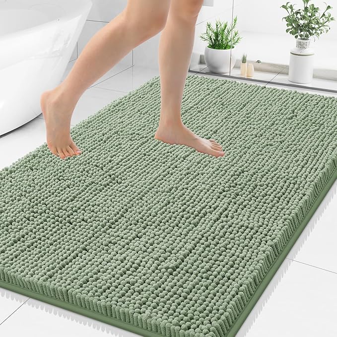 Smiry Luxury Chenille Bathroom Rugs 50x30, Extra Soft and Absorbent Shaggy Bath Mat, Machine Washable, Non-Slip Plush Carpet Runner for Tub, Shower, and Floor, Home Decor Accessories, Sage Green