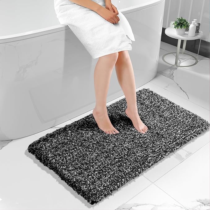 Yimobra Luxury Bathroom Rugs, Fluffy Bath Mats, Non Slip, Water Absorbent Microfiber, Machine Washable, Plush Runner Shower Rugs, Thick Matts for Bathroom Floor&Tub, 47"x 24", Black and White