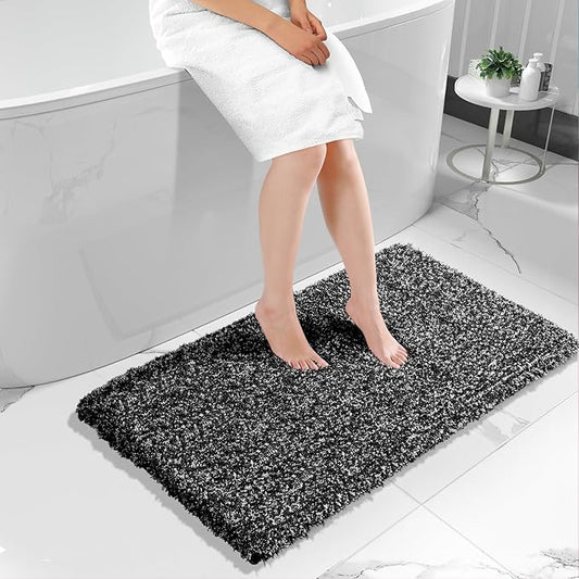 Yimobra Luxury Bathroom Rugs, Fluffy Bath Mats, Non Slip, Water Absorbent Microfiber, Machine Washable, Plush Runner Shower Rugs, Thick Matts for Bathroom Floor&Tub, 47"x 24", Black and White