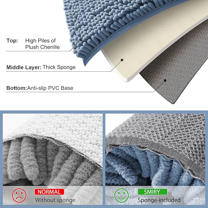 Smiry Luxury Chenille Bathroom Rugs 34x21, Extra Soft and Absorbent Shaggy Bath Mat, Machine Washable, Non-Slip Plush Carpet Runner for Tub, Shower, and Floor, Home Decor Accessories, Grayish Blue