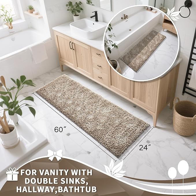 Yimobra Long Bathroom Rugs Runner 60x24 Inch, Extra Thick Soft Absorbent Chenille Bath Mat, Non Slip Machine Washable, Quick Dry Bath Rugs for Bathroom Floor, Tub and Shower, Camel