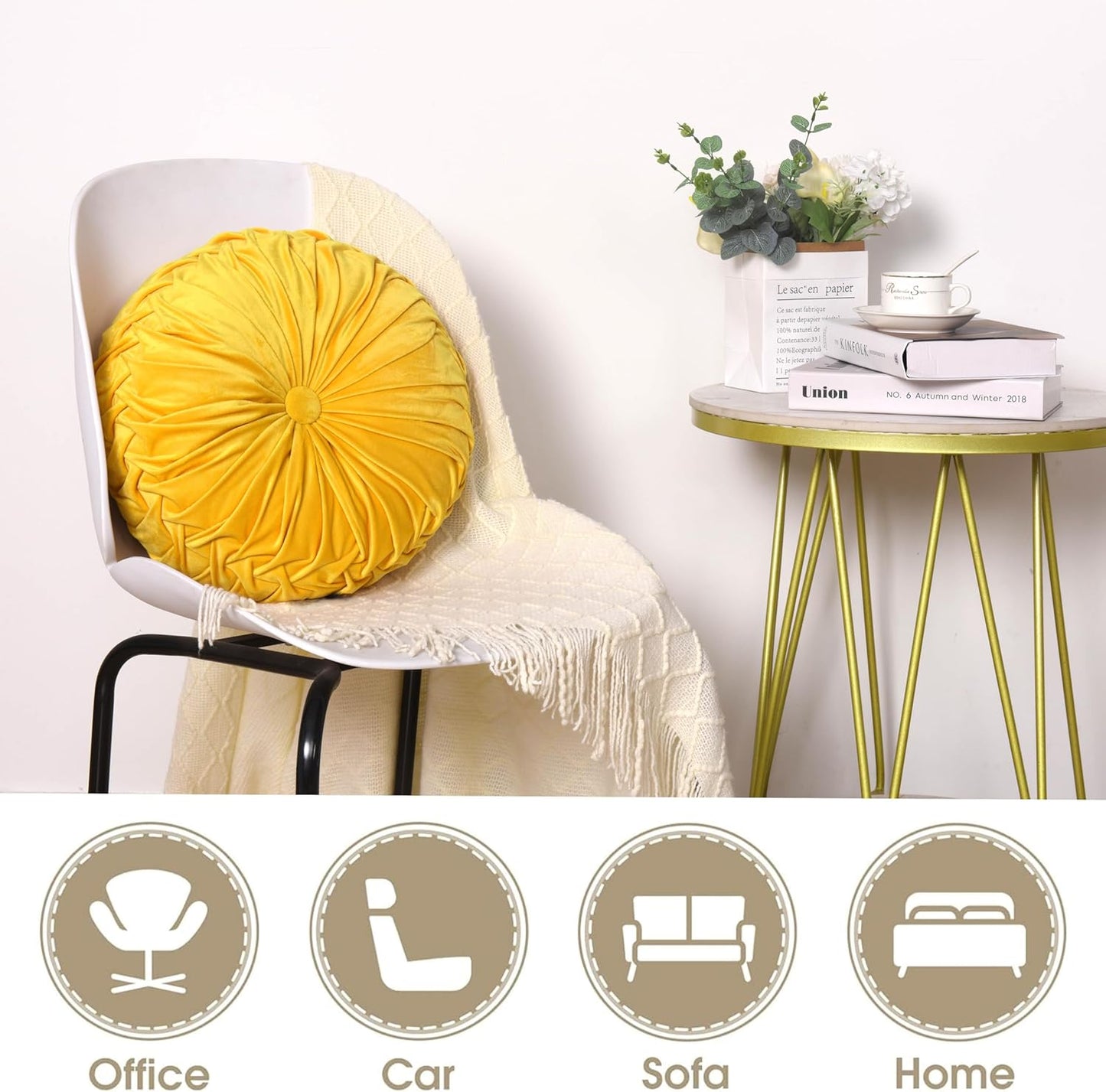 HIG Set of 2 Yellow Ruched Velvet Round Throw Pillows – 14.5’’ Decorative Pillows with Soft Polyester Filling for Couch, Bed, Living Room, Bedroom, or Dorm – Handmade, Stress Relieving, All-Season