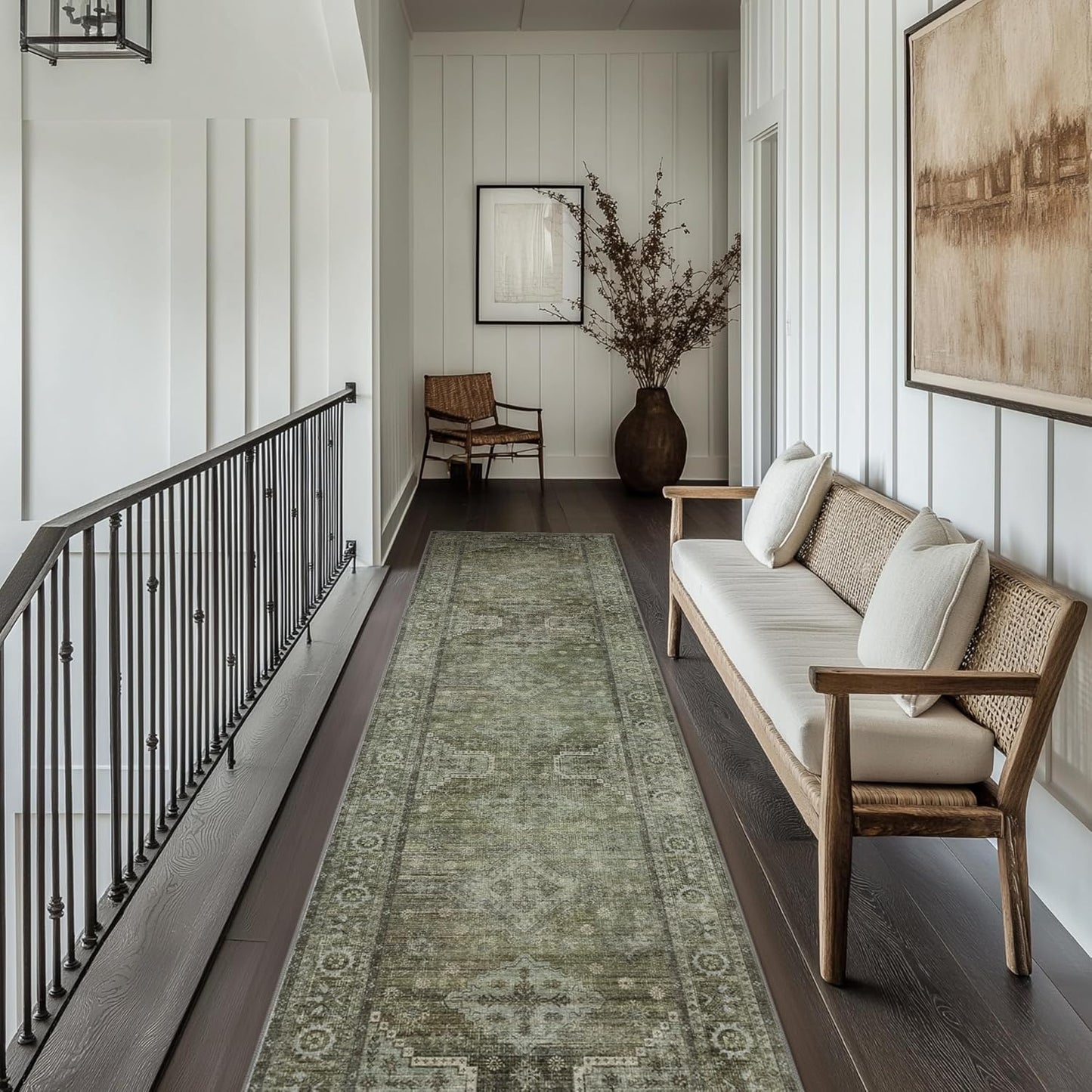 Runner Rug for Hallway Kitchen, 2x12 Machine Washable Runners Rug for Entryway, Soft Modern Boho Throw Rugs, Low Pile Floor Cover with Non Slip Backing, Distressed Light Greyish Sage Green