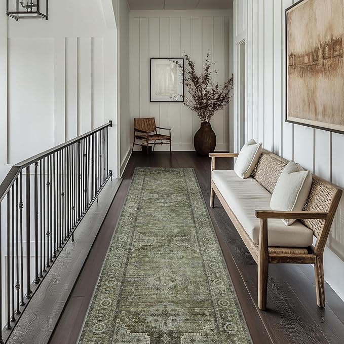Runner Rug for Hallway Kitchen, 2x10 Machine Washable Runners Rug for Entryway, Soft Modern Boho Throw Rugs, Low Pile Floor Cover with Non Slip Backing, Distressed Light Greyish Sage Green