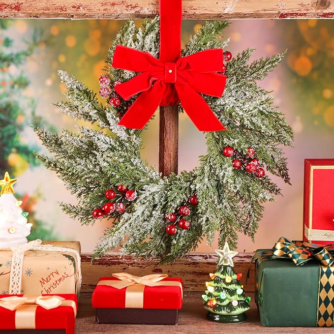 18 Pcs Small Christmas Norfolk Wreaths 15 Inch Christmas Kitchen Cabinet Mini Wreath Real Touch with Bow Ribbon Cedar Red Berry for Xmas Front Door Window Chair Fireplace Table Pillar Farmhouse Decor