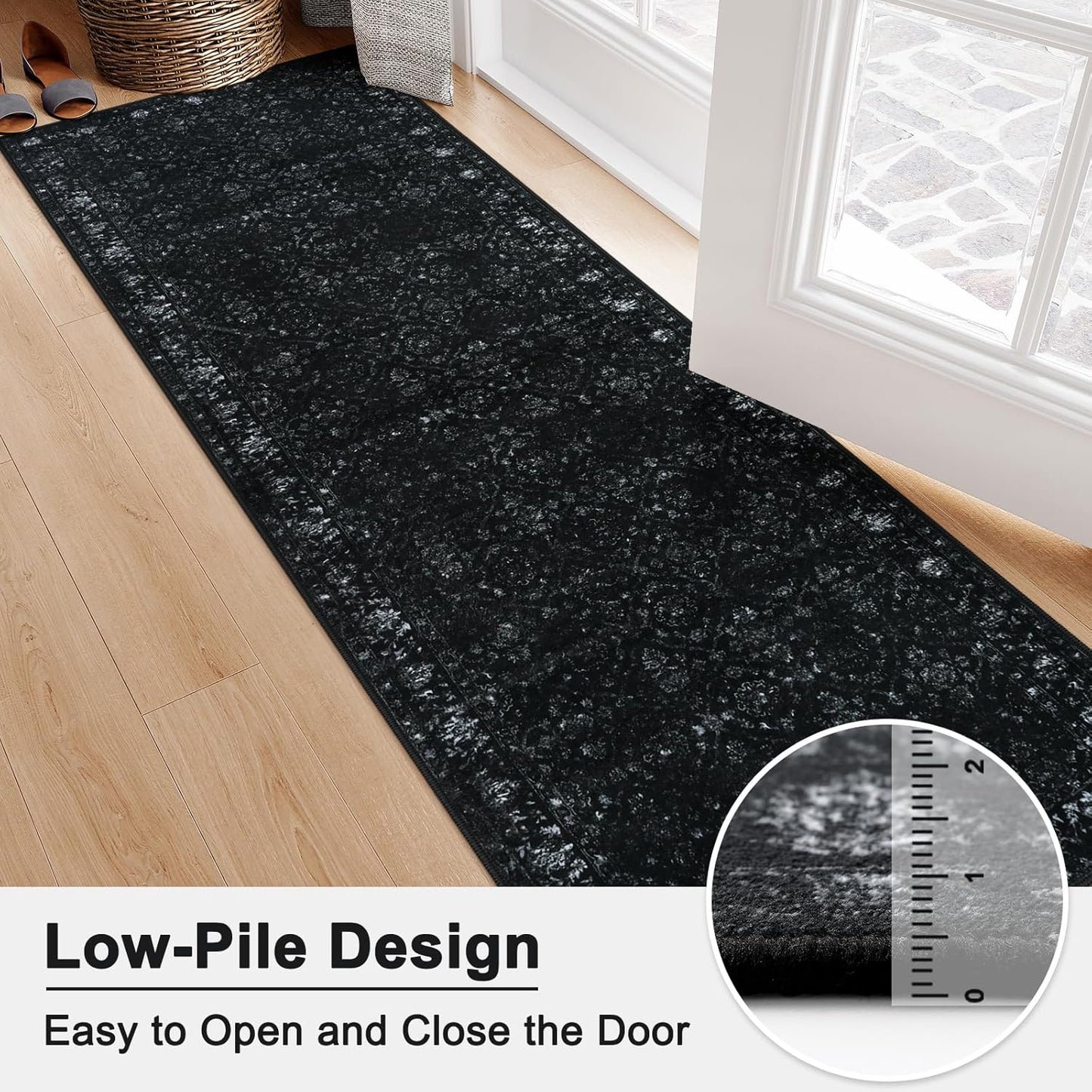 Vintage Black Rug Runners for Hallways Non Slip, 2.6x10 Washable Long Runner Rug for Entryway, Ultra-Thin Soft Runner Carpet for Kitchen Bedroom Bathroom (2'6"x10', Black)