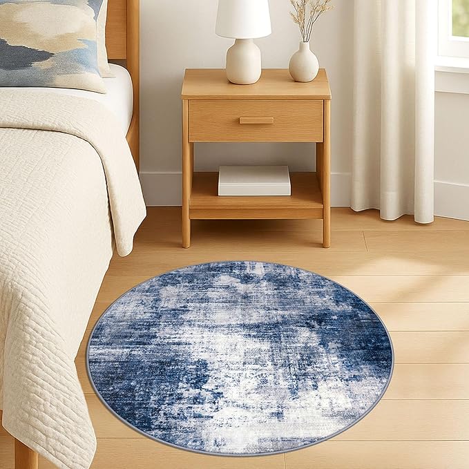 IOHOUZE Round Area Rug 3 Ft Circle Entryway Rugs Round Washable Door Mat Indoor Entrance, Non Slip Circle Front Door Rug, Printed Abstract Faux Wool Floor Carpet for Foyer Porch Sink, Navy/Grey