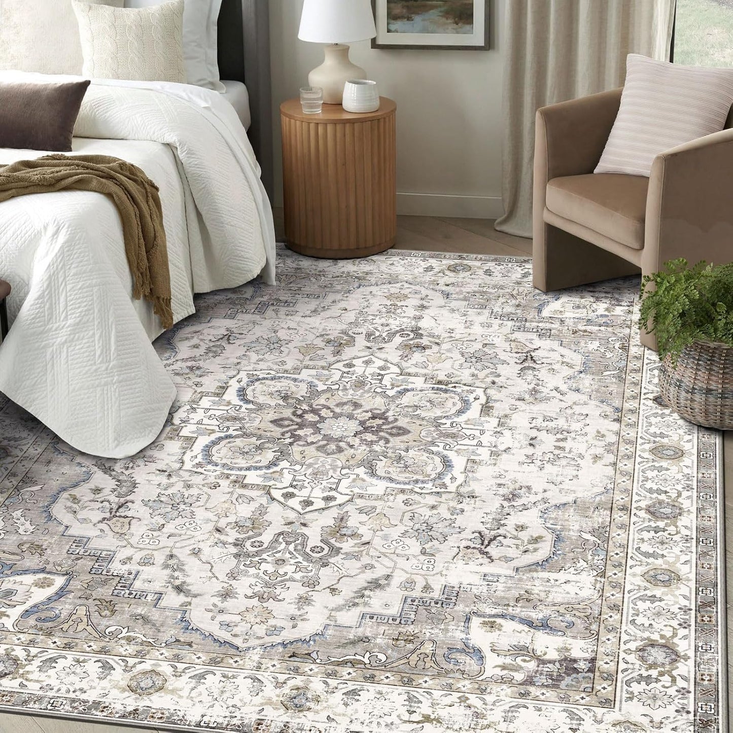 6x9 Area Rug for Living Room - Large Oriental Washable Rugs for Bedroom Non-Slip Cream Stain Resistant Dining Room Rug Farmhouse Low-Pile Carpet Soft Vintage Rug for Office Guest Room