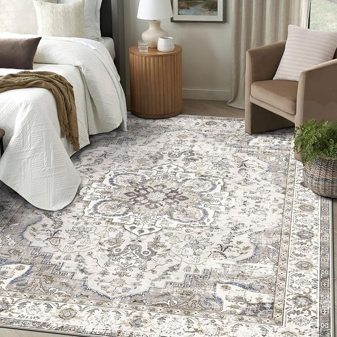 Washable Area Rug 5x7 - Boho Living Room Rug Stain Resistant Soft Bedroom Rug Ultra-Thin Cream Vintage Oriental Farmhouse Dining Room Rugs for Under Table Indoor Carpet for Living Room