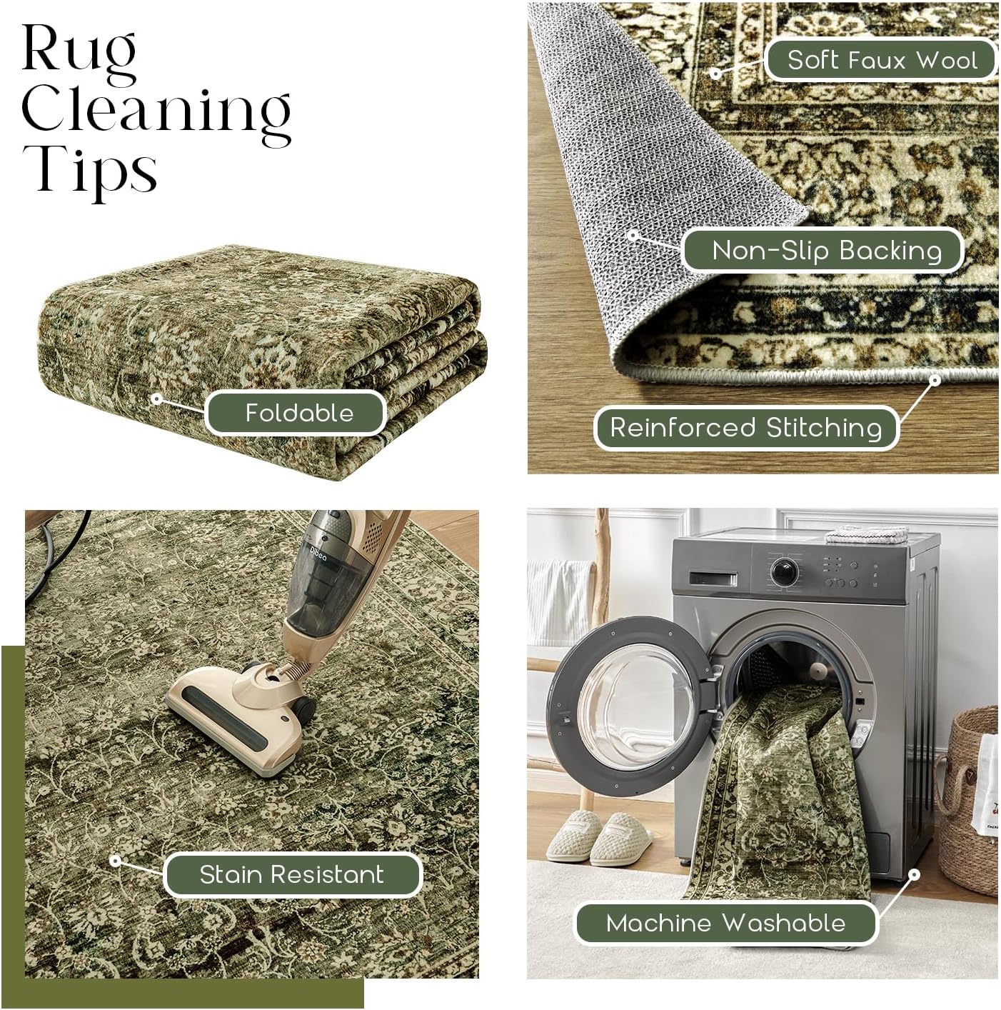 Throw Rugs 2x3,Non Slip Washable Vintage Floral Boho Accent Soft Thin Small Area Rug for Sink Area Bathroom Bedroom 24 x 36,Olive Green and Beige