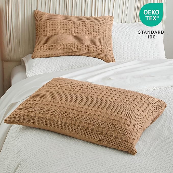PHF 100% Cotton Waffle Pillow Shams Queen Size, 2 Pack 20" x 30" Soft Skin-Friendly Pillowcases, No Filling, Aesthetic Woven and Breathable Waffle Weave Pillow Case Covers for Bed, Camel