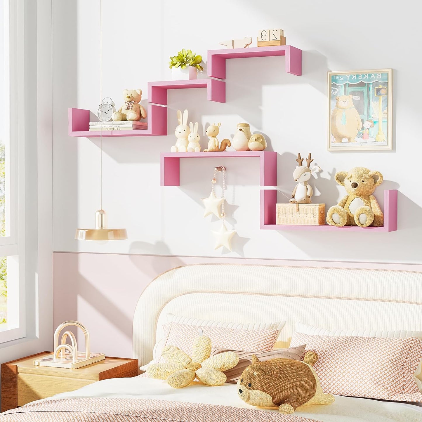 SRIWATANA Floating Shelves, Wall Shelves for Bathroom, Bedroom, Living Room, Kitchen, Office, Wood Shelves for Wall Decor Set of 5 (Pink)