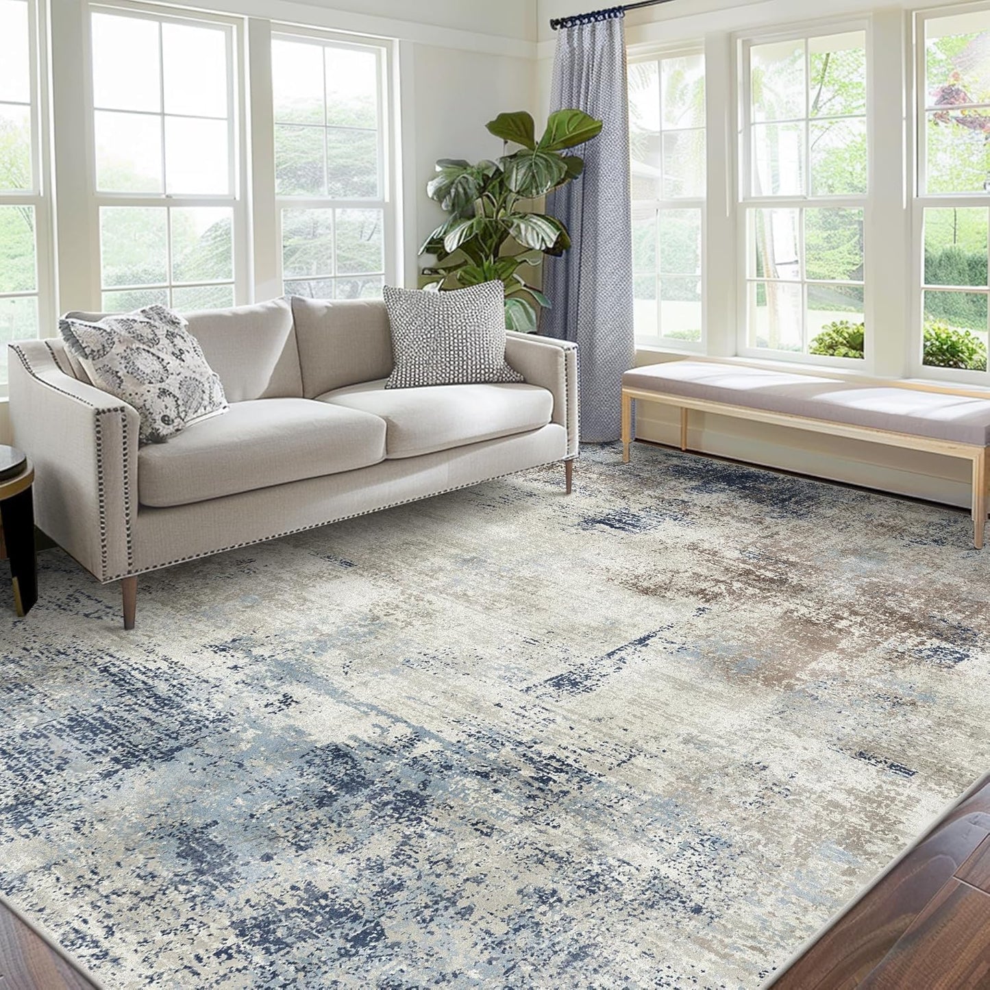 Area Rugs 6x9 Machine Washable Rug for Bedroom Living Room, Large Modern Abstract for Dining Room, Indoor Low Pile Carpet Soft Rugs with Non Slip Rubber Backing, Abstract Blue Gray