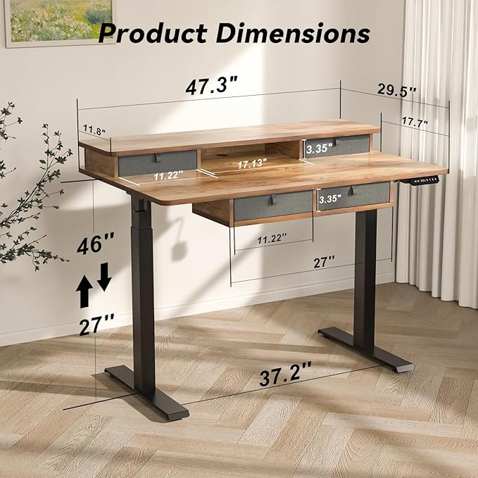 Adjustable Height Standing Desk with 4 Drawers,48 x 30 inches Electric Sit Stand Desk for Home Office,3 Memory Presets,Monitor Stand Riser,USB A/C Charging Port