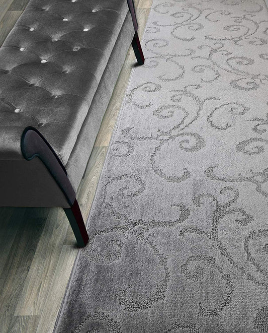 Custom Length Hallway Runner Rug,Slip Resistant,Scroll Grey, 26 Inch X 18 feet, Sold and Priced Per Foot