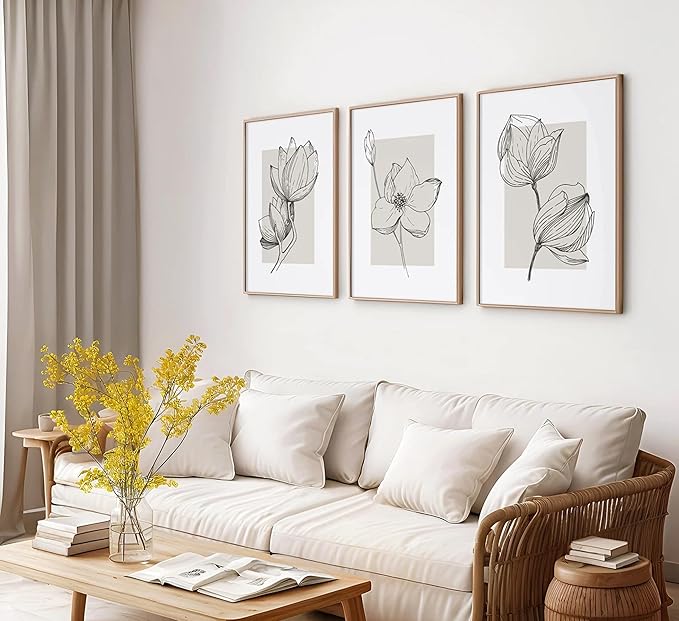 3Pcs Neutral Botanical Canvas Wall Art Beige Simple floral Painting Pictures Wall Decor Vintage Line flower Poster Print Artwork for Living Room Bedroom Bathroom Scene Home Decoration Unframed