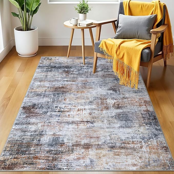 IOHOUZE Abstract Area Rug 3x5 Ft Washable Rugs for Entryway Indoor, Non Slip Kitchen Rug Printed Faux Wool Throw Rugs, Indoor Door Mat for Door Entrance Foyer Living Room, Orange Grey