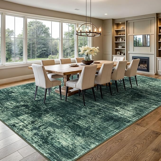 IOHOUZE Abstract Area Rugs 9x12 Ft Washable Large Rugs for Living Room, Non Slip Dining Room Rug, Printed Faux Wool Rugs for Bedroom, Floor Carpet for Office Nursery Playroom, Dark Green