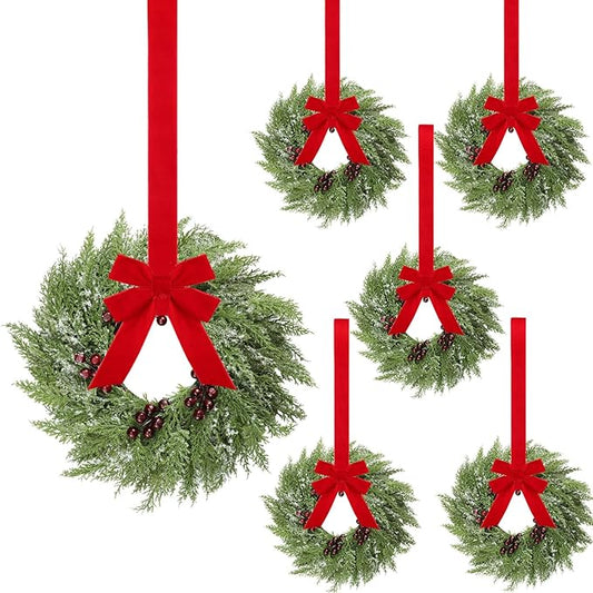 6 Pcs Small Christmas Norfolk Wreaths 15 Inch Christmas Kitchen Cabinet Mini Wreath Real Touch with Bow Ribbon Cedar Red Berry for Xmas Front Door Window Chair Fireplace Table Pillar Farmhouse Decor