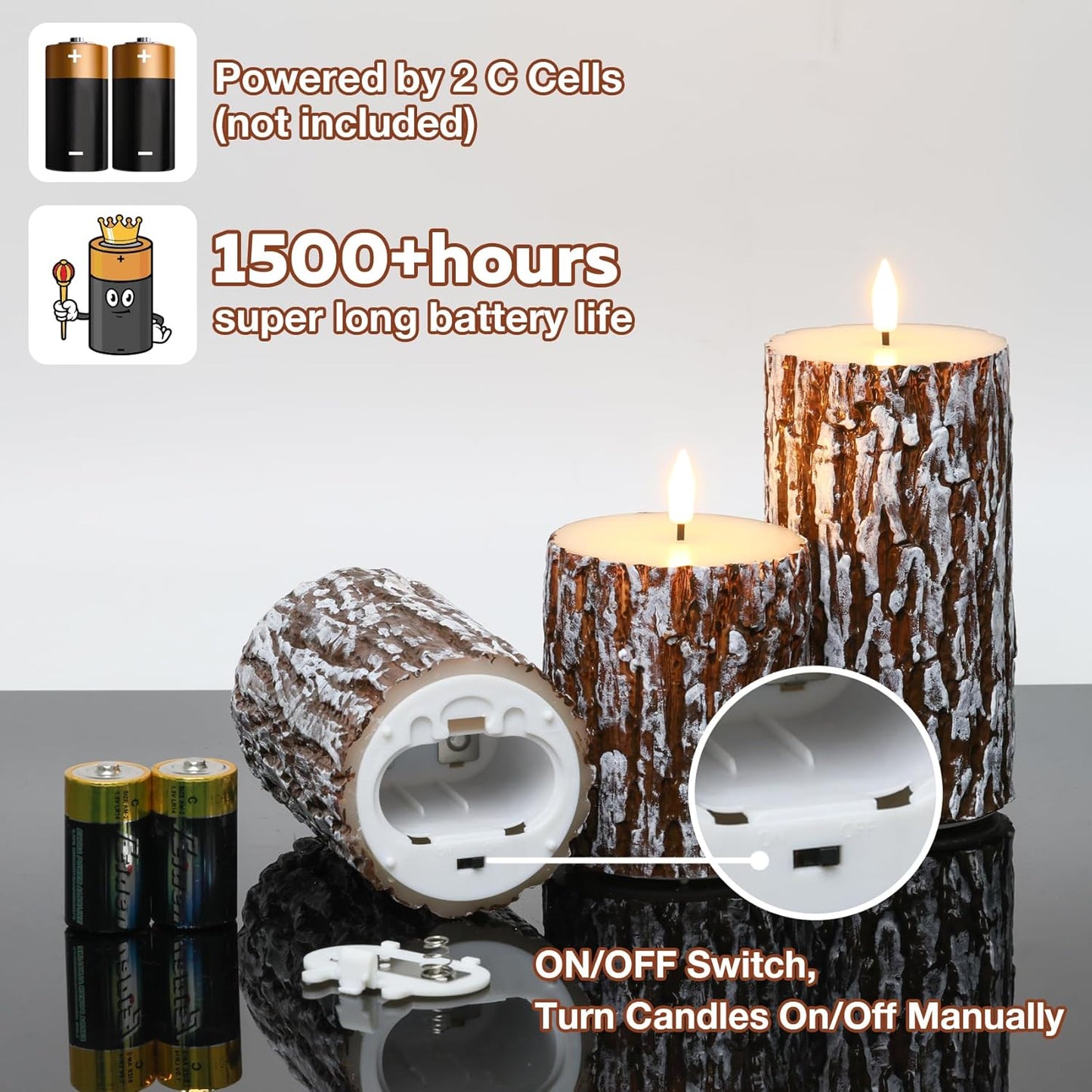 Eywamage Brown Pine Bark Flameless Pillar Candles with Remote, Farmhouse Battery Operated LED Wood Candles Set of 3