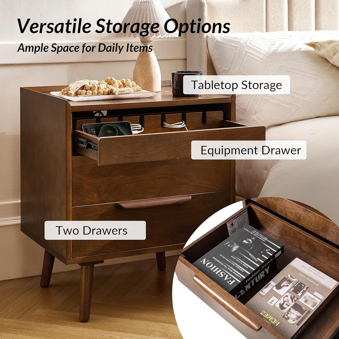 HULALA HOME 2 Drawer Nightstand with Charging Station, Mid-Century Modern Bedside Tables with Wood Legs, Wood Night Stand with Pull-Out Shelf, Walnut
