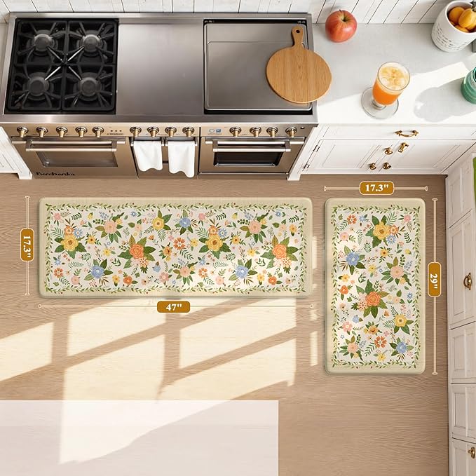 KIMODE Kitchen Mats for Floor Anti Fatigue, Beige Boho Kitchen Rugs Non Slip, Padded Kitchen Floor Mats, Memory Foam Kitchen Mats Cushioned, Standing Desk Mat for Laundry Office Sink 17"x47"+17"x29"