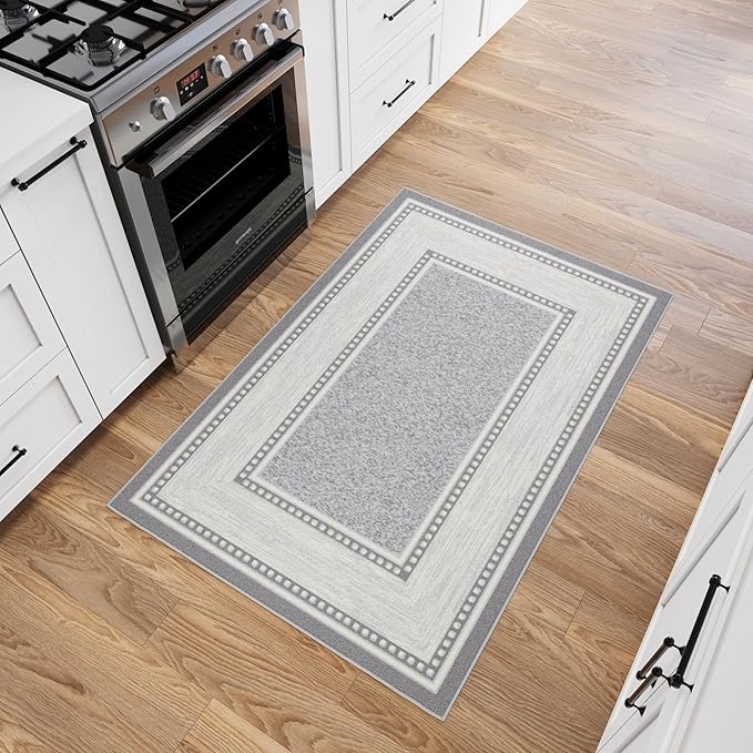 Ottomanson 3'3" x 5' Rugs for Living Room Border Area Rug for Bedroom - Non Slip Durable Large Floor Carpet for High Traffic Areas - Indoor Rug for Dining Room Kitchen Kids Playroom, Light Gray