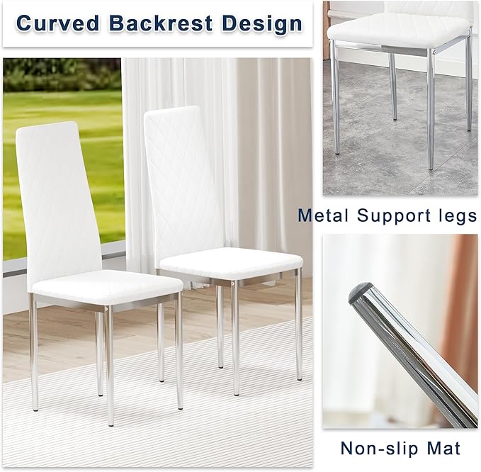 JT Modern Minimalist Dining Chair Fireproof Leather Sprayed Metal Pipe Diamond Grid Pattern Restaurant Home Conference Chair Set of 4 Or 6 (8, White)