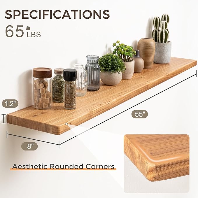 55 Inch Wood Floating Shelves, Natural Elm Wood Floating Shelf for Wall, 8 Inch Deep Wall Shelves for Home Storage & Display, Deep Rustic Wooden Shelves for Living Room, Bedroom, Kitchen