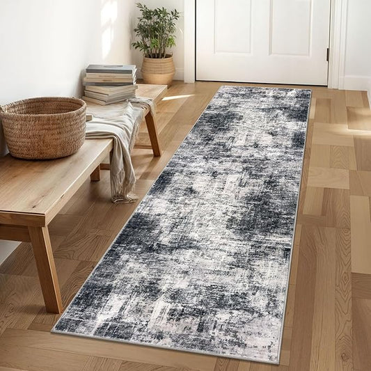 IOHOUZE Abstract Runner Rug 2x6 Ft Washable Runners for Hallways, Non Slip Kitchen Runner Printed Faux Wool Entryway Runner Indoor, Modern Abstract Floor Carpet for Hall Kitchen Bedroom, Black Gey