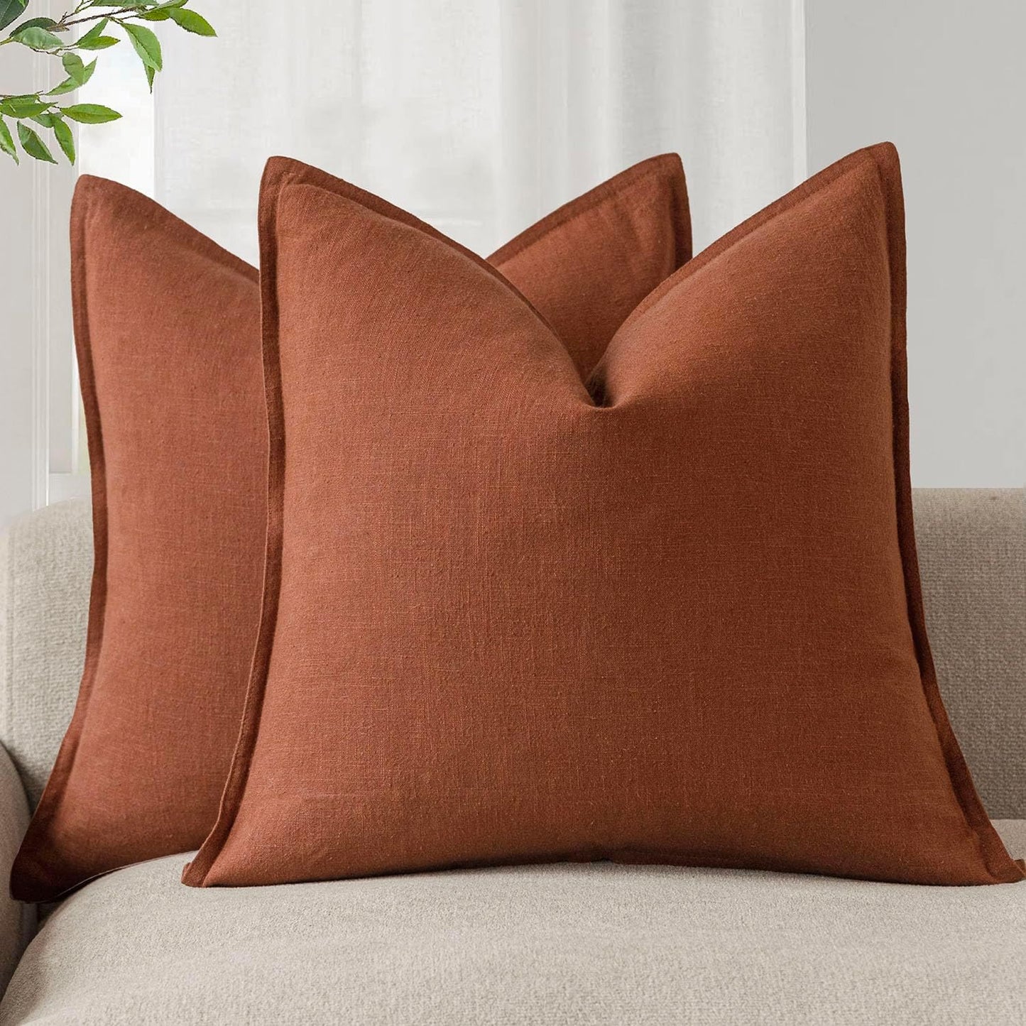 Foindtower Pack of 2, Decorative Linen Soild Throw Pillow Covers Soft Accent Cushion Case Farmhouse Neutral Pillowcase for Chair Couch Sofa Bedroom Living Room Home Decor 22 x 22 Inch Fall Rust Orange