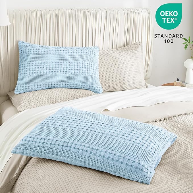 PHF 100% Cotton Waffle Pillow Shams Queen Size, 2 Pack 20" x 30" Soft Skin-Friendly Pillowcases, No Filling, Aesthetic Woven and Breathable Waffle Weave Pillow Case Covers for Bed, Baby Blue
