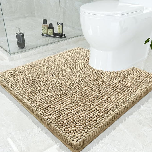 Smiry Luxury Chenille Toilet Rugs U-Shaped 24x24, Soft Absorbent Non-Slip Contour Bathroom Rugs for Toilet, Machine Washable Contoured Bath Mats, Beige